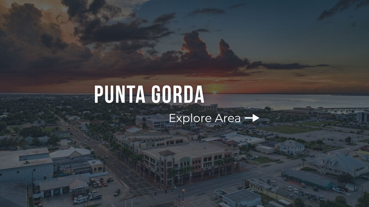 Aerial view of downtown Punta Gorda and Charlotte Harbor at sunset
