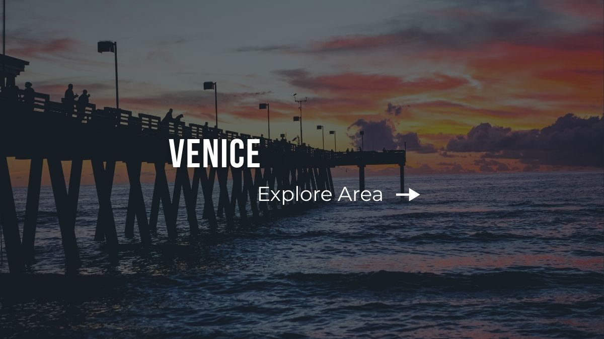 Aerial sunset view of Venice waterways and waterfront homes