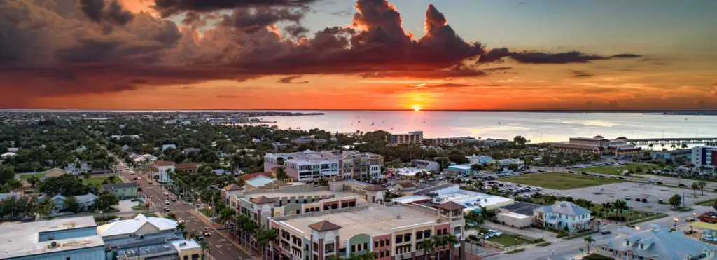 Aerial view of downtown Punta Gorda and Charlotte Harbor at sunset