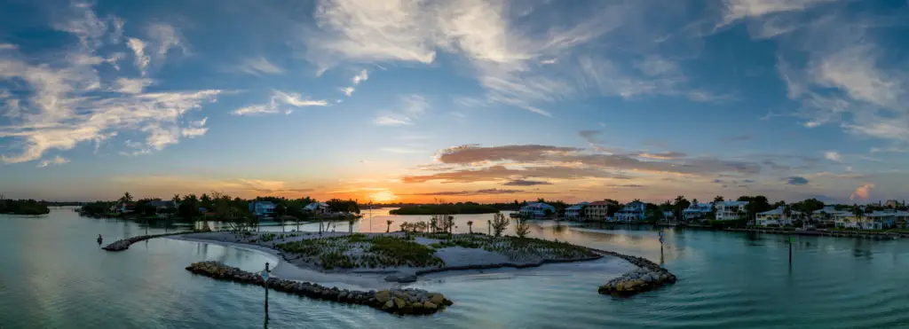Aerial sunset view of Venice waterways and waterfront homes