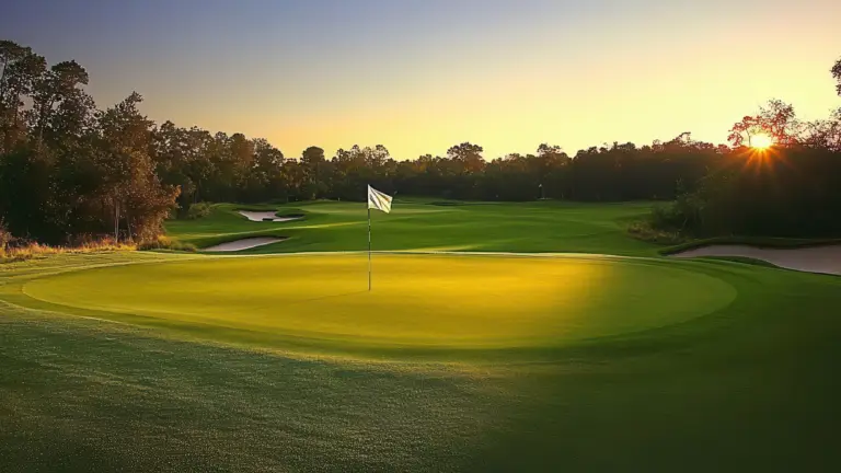 Southwest Florida golf course green and flag at sunset