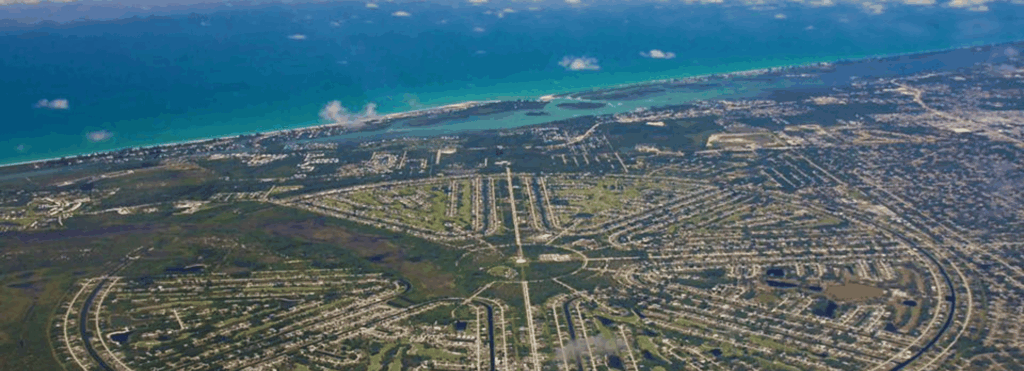 Aerial view of Rotonda West neighborhoods and circular street layout near the Gulf Coast