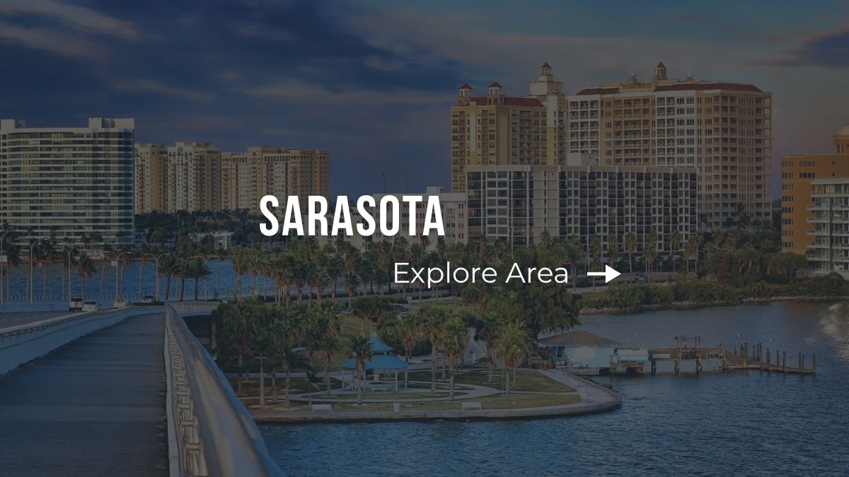 Downtown Sarasota skyline illuminated at dusk in Southwest Florida
